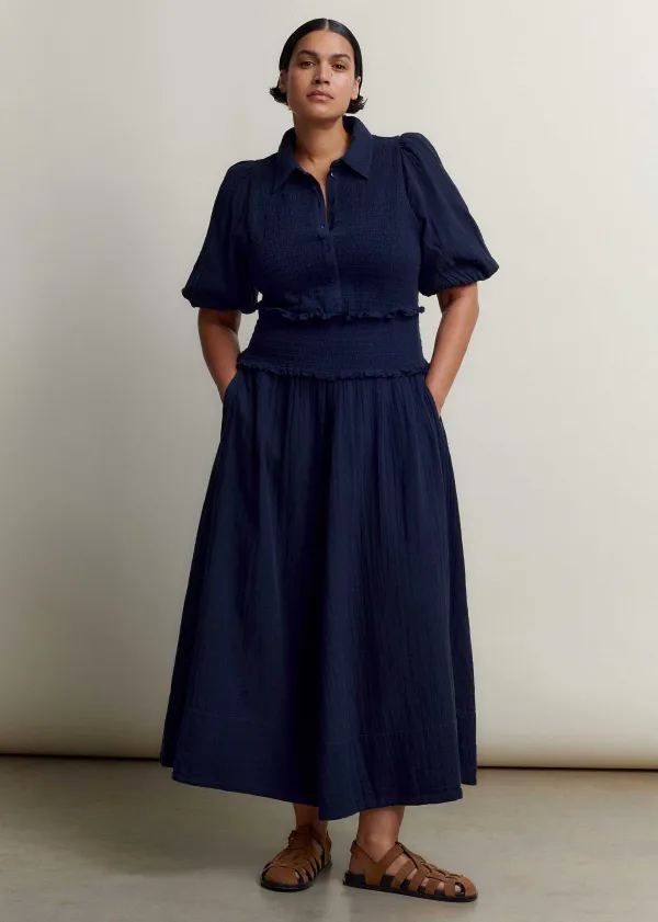 Online ME+EM Cheesecloth Shirred Maxi Shirt Dress Navy