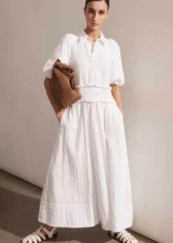 Sale ME+EM Cheesecloth Shirred Maxi Shirt Dress Soft White