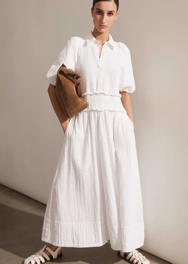 Sale ME+EM Cheesecloth Shirred Maxi Shirt Dress Soft White