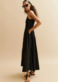 Clearance ME+EM Cheesecloth Shirred One Shoulder Maxi Dress Black