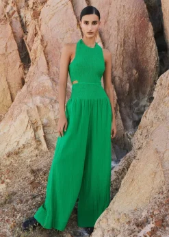 Clearance ME+EM Cheesecloth Shirred Wide-Leg Jumpsuit Spring Green