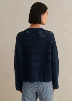 ME+EM Chunky Cotton Open Stitch Box Jumper Navy