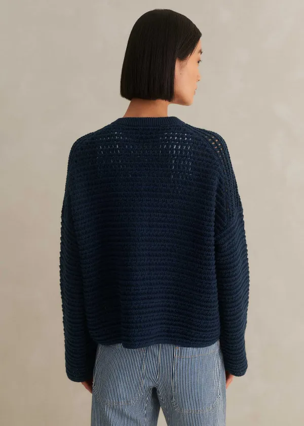 ME+EM Chunky Cotton Open Stitch Box Jumper Navy