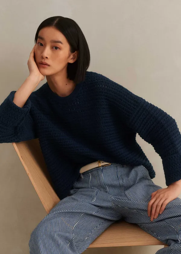 ME+EM Chunky Cotton Open Stitch Box Jumper Navy