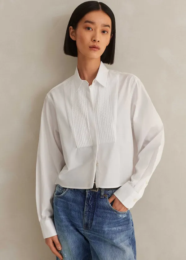 Sale ME+EM Cotton Bib Detail Crop Shirt White