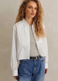 Sale ME+EM Cotton Bib Detail Crop Shirt White