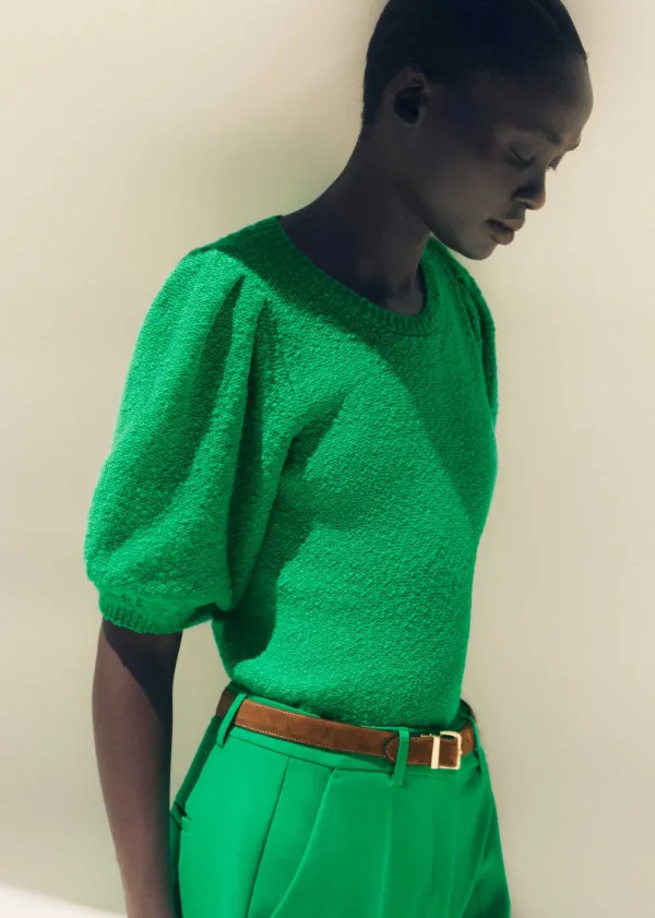 Hot ME+EM Cotton Boucl Pouf Sleeve Knit Tee Spring Green