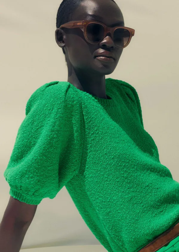 Hot ME+EM Cotton Boucl Pouf Sleeve Knit Tee Spring Green
