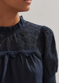 Sale ME+EM Cotton Broderie Highneck Top Eclipse