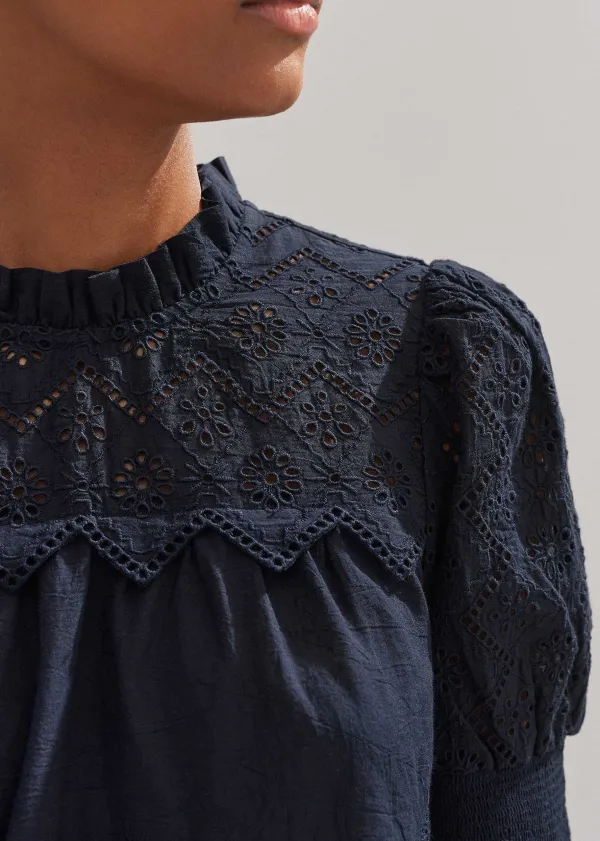 Sale ME+EM Cotton Broderie Highneck Top Eclipse