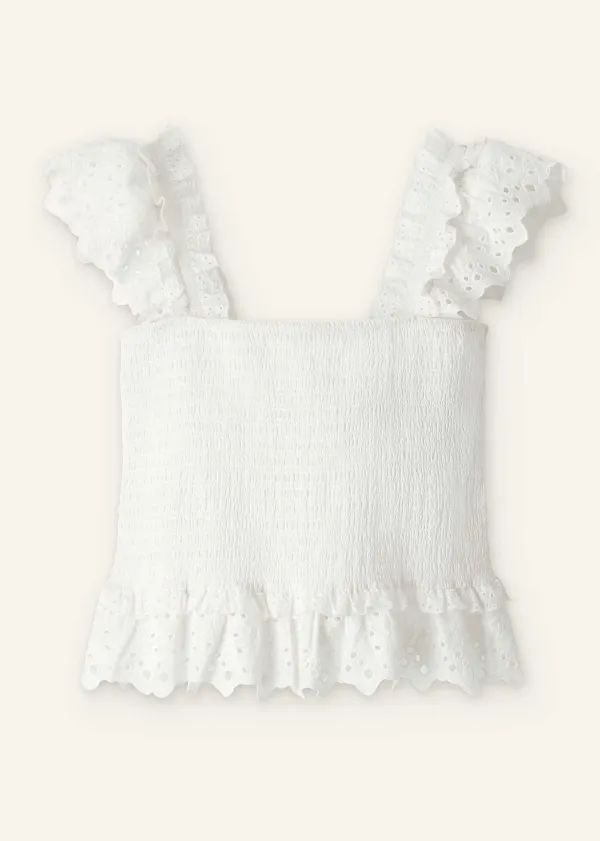 Clearance ME+EM Cotton Delicate Broderie Shirred Top Soft White