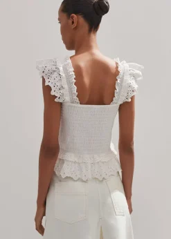 Clearance ME+EM Cotton Delicate Broderie Shirred Top Soft White