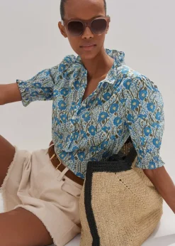 New ME+EM Cotton English Garden Print Top Blue/Khaki/Yellow