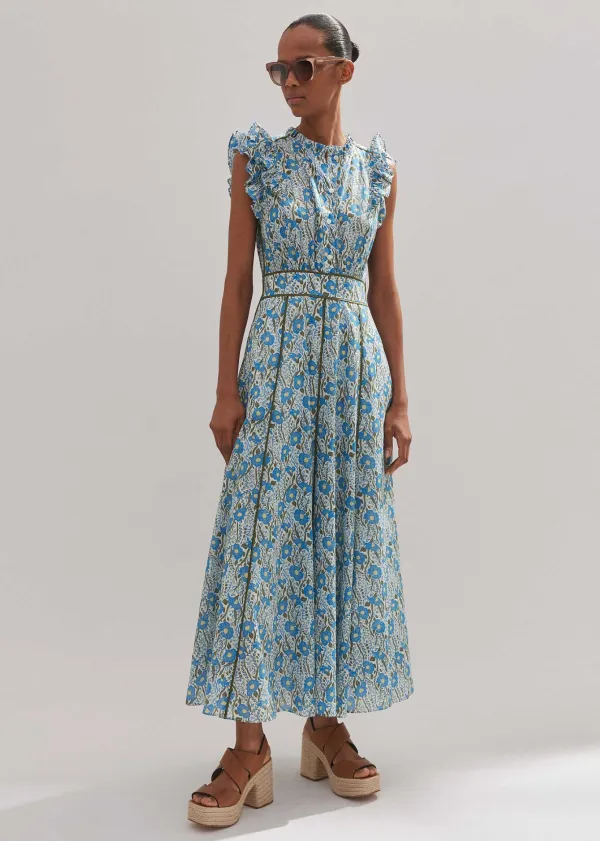 Outlet ME+EM Cotton English Garden Print Maxi Dress Blue/Khaki/Yellow