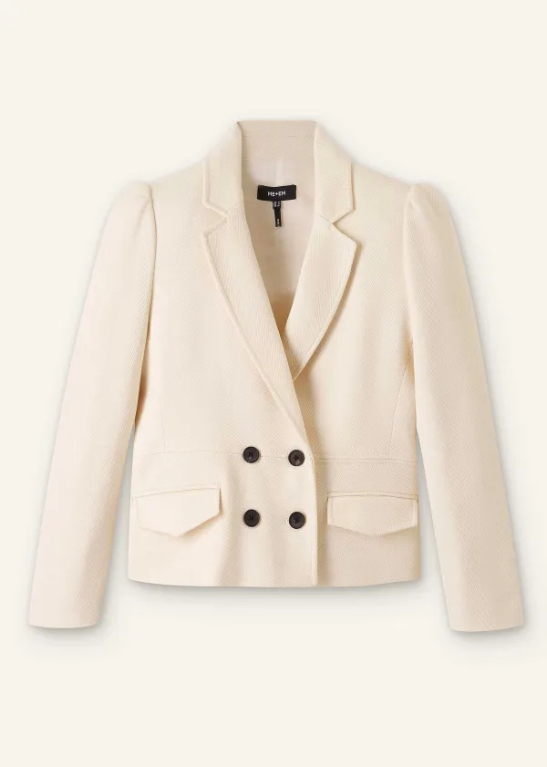 Best ME+EM Cotton Herringbone Fitted Short Blazer Ecru