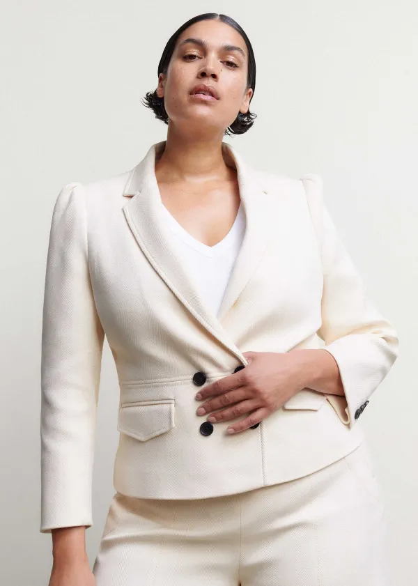 Best ME+EM Cotton Herringbone Fitted Short Blazer Ecru