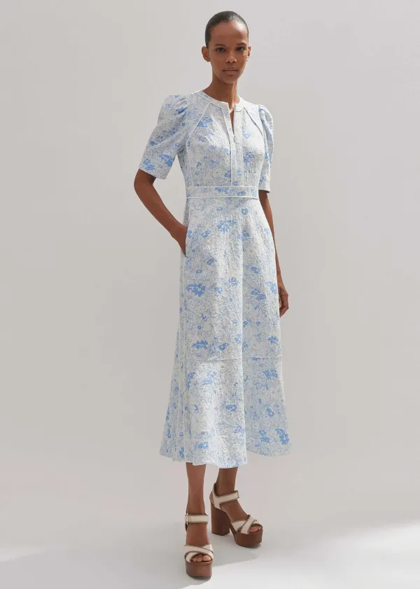 Clearance ME+EM Cotton Jacquard Gardenia Print Maxi Dress Light Cream/Blue