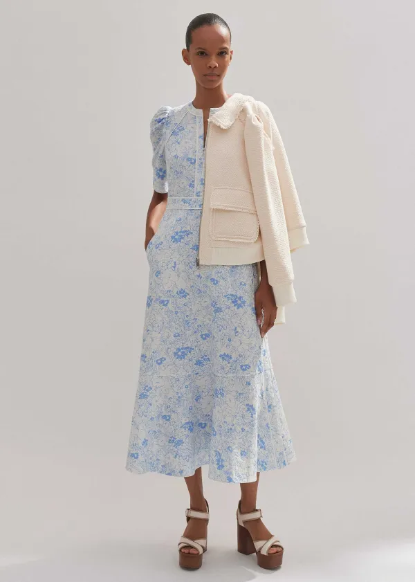 Clearance ME+EM Cotton Jacquard Gardenia Print Maxi Dress Light Cream/Blue