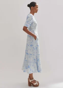 Clearance ME+EM Cotton Jacquard Gardenia Print Maxi Dress Light Cream/Blue