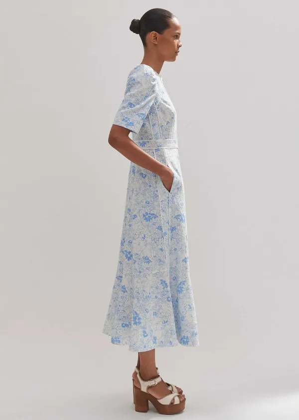 Clearance ME+EM Cotton Jacquard Gardenia Print Maxi Dress Light Cream/Blue