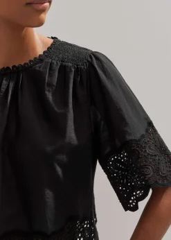 Best ME+EM Cotton Lace Flower Broderie Blouse Black