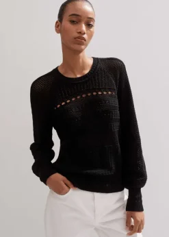 New ME+EM Cotton Lace Stitch Raglan Sleeve Jumper Black
