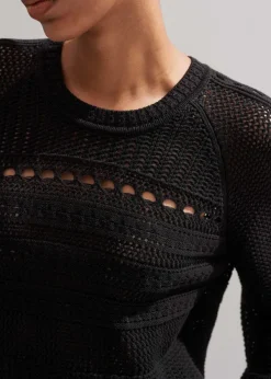 New ME+EM Cotton Lace Stitch Raglan Sleeve Jumper Black
