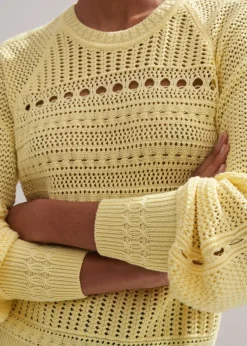 Hot ME+EM Cotton Lace Stitch Raglan Sleeve Jumper Custard