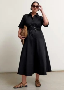 Hot ME+EM Cotton Sateen Midi Shirt Dress + Belt Black