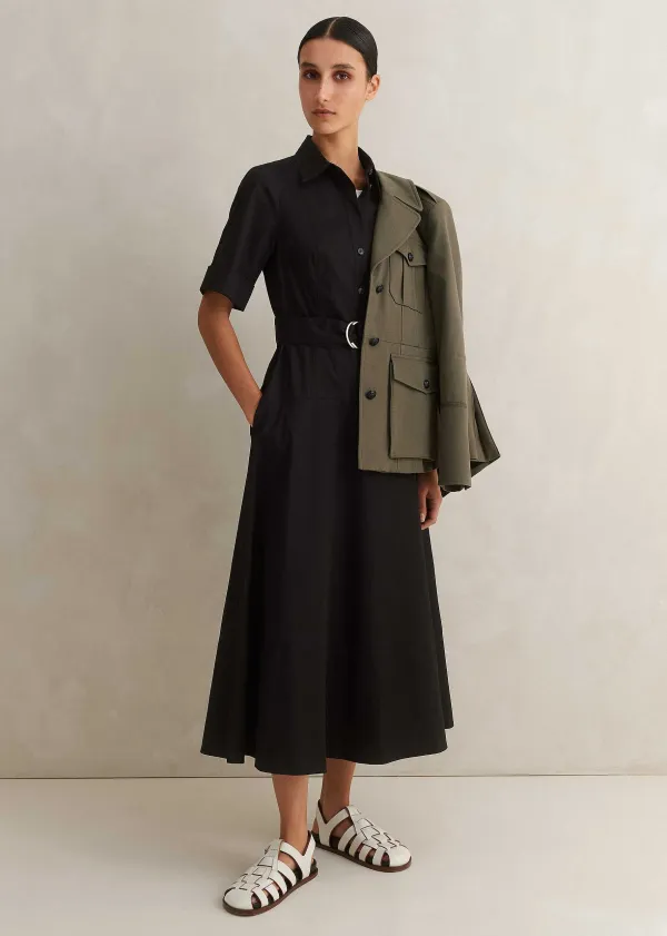 Hot ME+EM Cotton Sateen Midi Shirt Dress + Belt Black