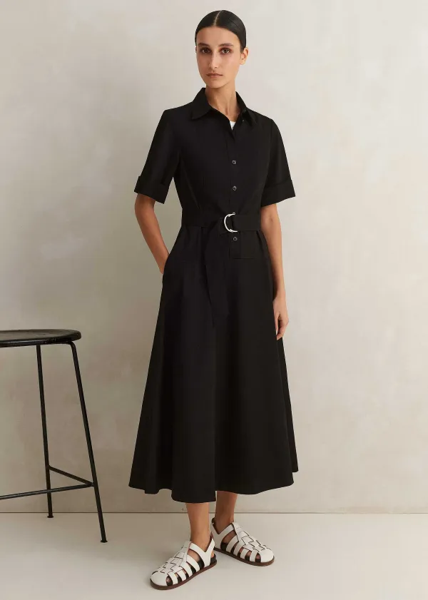 Hot ME+EM Cotton Sateen Midi Shirt Dress + Belt Black