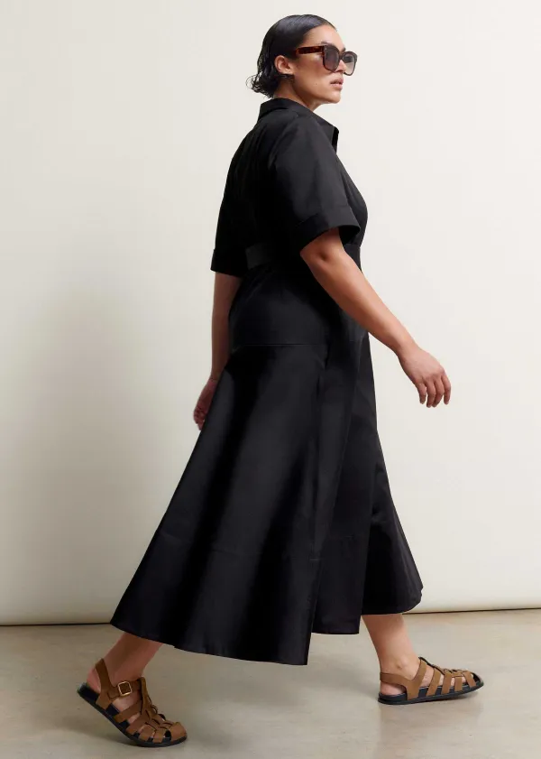 Hot ME+EM Cotton Sateen Midi Shirt Dress + Belt Black