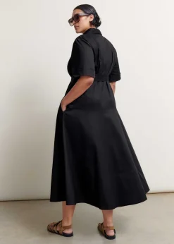 Hot ME+EM Cotton Sateen Midi Shirt Dress + Belt Black