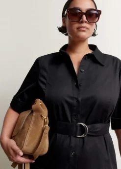 Hot ME+EM Cotton Sateen Midi Shirt Dress + Belt Black