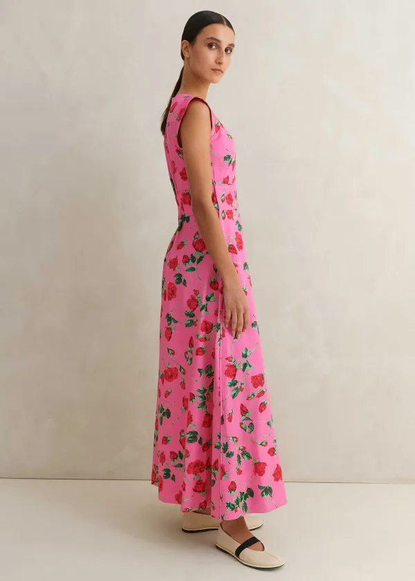 Outlet ME+EM Cotton Sateen Rose Print Maxi Dress Pink/Green/Red