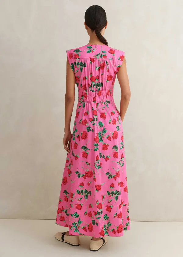 Outlet ME+EM Cotton Sateen Rose Print Maxi Dress Pink/Green/Red