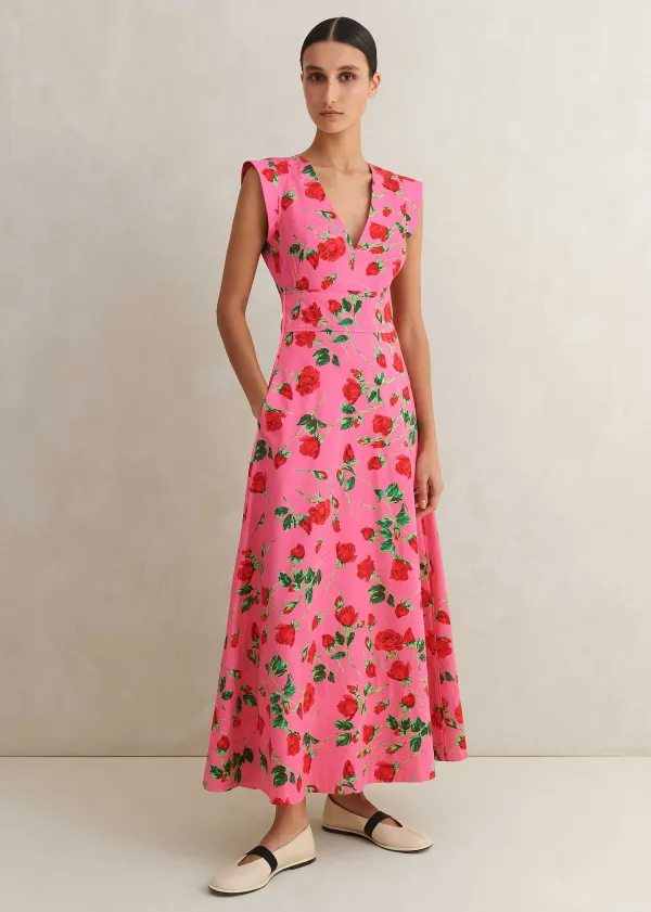 Outlet ME+EM Cotton Sateen Rose Print Maxi Dress Pink/Green/Red
