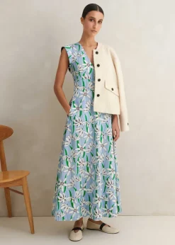ME+EM Cotton Sateen Snowdrop Print Maxi Dress Blue/Light Cream/Green