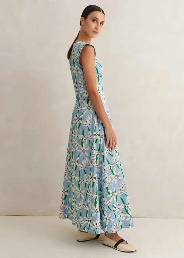 ME+EM Cotton Sateen Snowdrop Print Maxi Dress Blue/Light Cream/Green