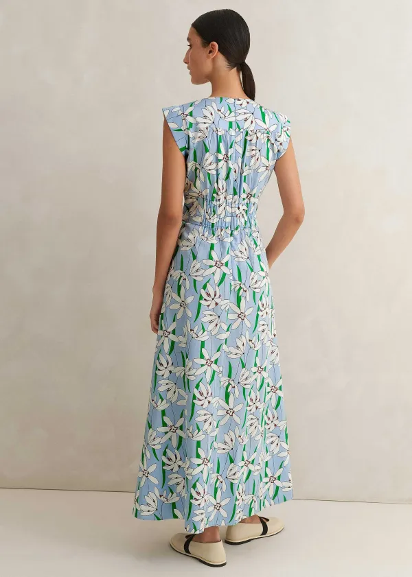 ME+EM Cotton Sateen Snowdrop Print Maxi Dress Blue/Light Cream/Green