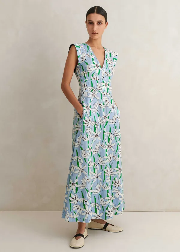 ME+EM Cotton Sateen Snowdrop Print Maxi Dress Blue/Light Cream/Green