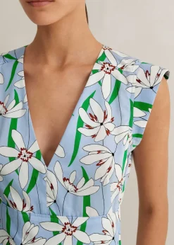 ME+EM Cotton Sateen Snowdrop Print Maxi Dress Blue/Light Cream/Green