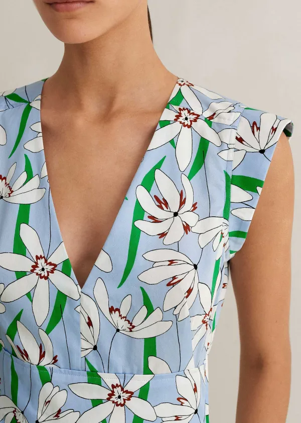 ME+EM Cotton Sateen Snowdrop Print Maxi Dress Blue/Light Cream/Green