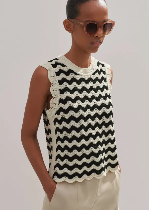 Discount ME+EM Cotton Scallop Stripe Boxy Knit Vest Black/Ecru