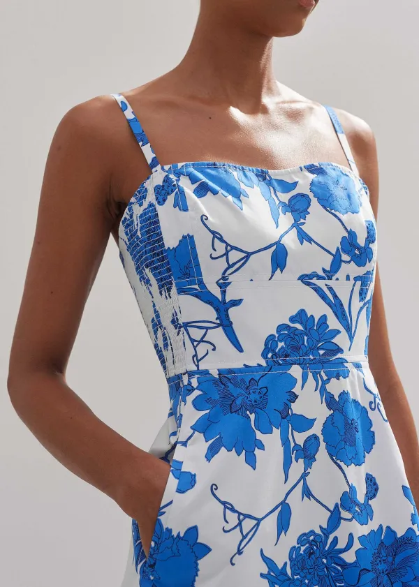 Online ME+EM Cotton Scribbled Flower Print Maxi Dress Light Cream/Blue/Black