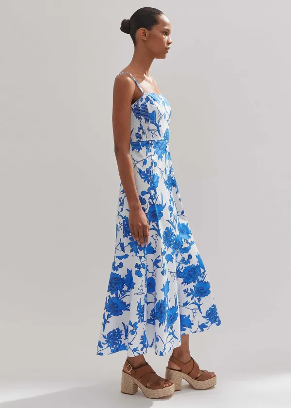 Online ME+EM Cotton Scribbled Flower Print Maxi Dress Light Cream/Blue/Black
