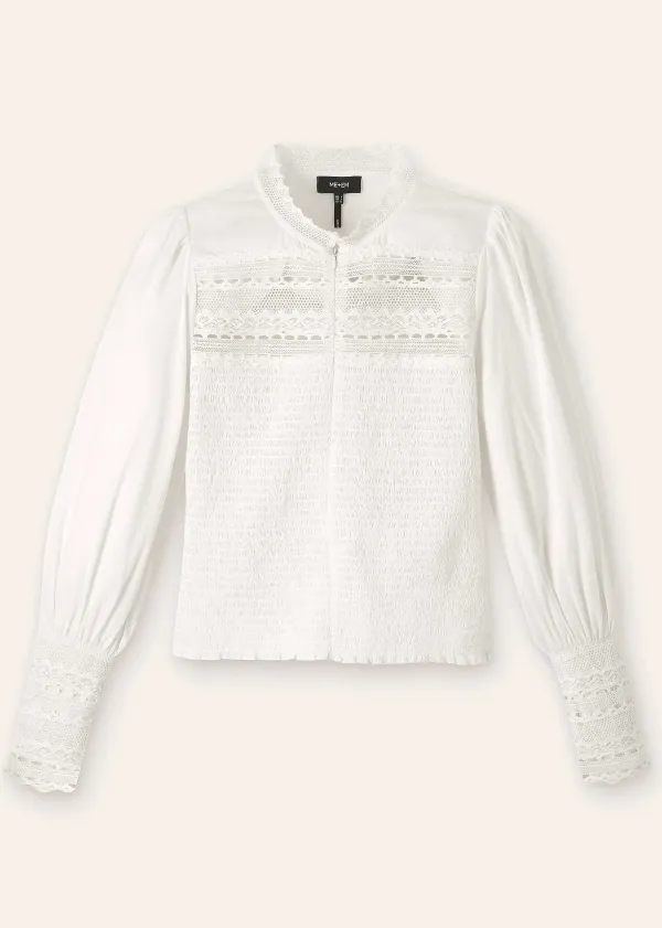 Hot ME+EM Cotton Shirred Lace Trim Top Soft White