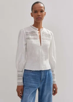 Hot ME+EM Cotton Shirred Lace Trim Top Soft White