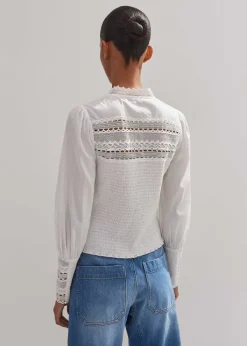 Hot ME+EM Cotton Shirred Lace Trim Top Soft White
