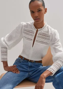 Hot ME+EM Cotton Shirred Lace Trim Top Soft White